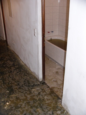 Aus den Leitungen der Wohnung hat es das Wasser hochgedrückt. Da niemand in der Wohnung war,
hatte die Überschwemmung erhebliche Kosten zur Folge.